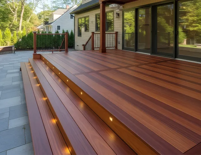 Luxury custom-built wood deck with integrated lighting and high-end finishes in the Greater Boston Area.