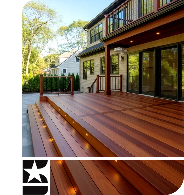 High-end multi-level wood deck construction with integrated step lighting and professional railings in Somerville, MA, by Five Stars Contracting.