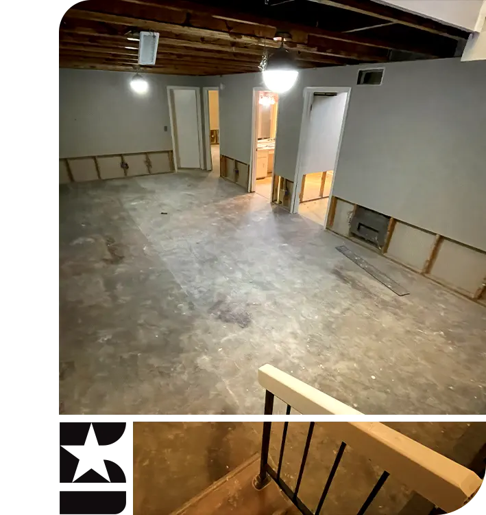Emergency water damage restoration and structural drying process for a residential basement in Somerville, MA, by Five Stars Contracting.