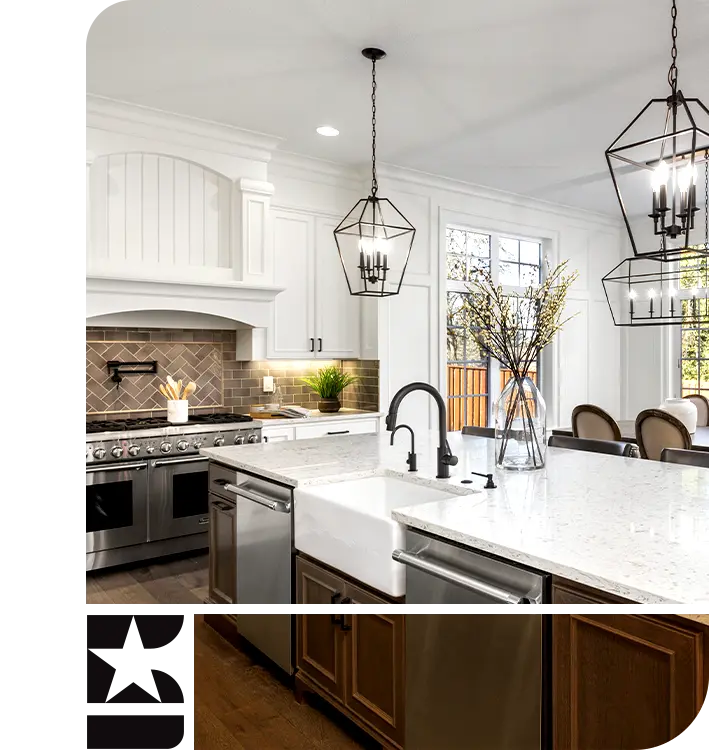 Luxury kitchen remodel in Somerville, MA, featuring white marble countertops, farmhouse sink, and custom cabinetry by Five Stars Contracting.