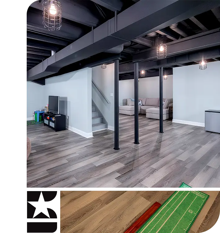 Professional basement finishing in Somerville, MA, featuring a modern industrial design with painted exposed ceilings and luxury flooring by Five Stars Contracting.